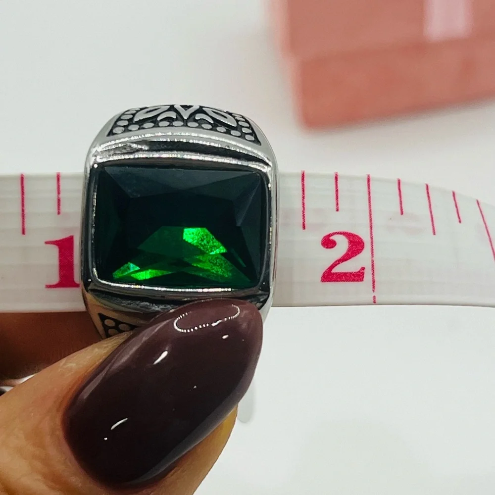 Elegant Silver Ring with Green Gemstone, Stainless Steel, Size: 10